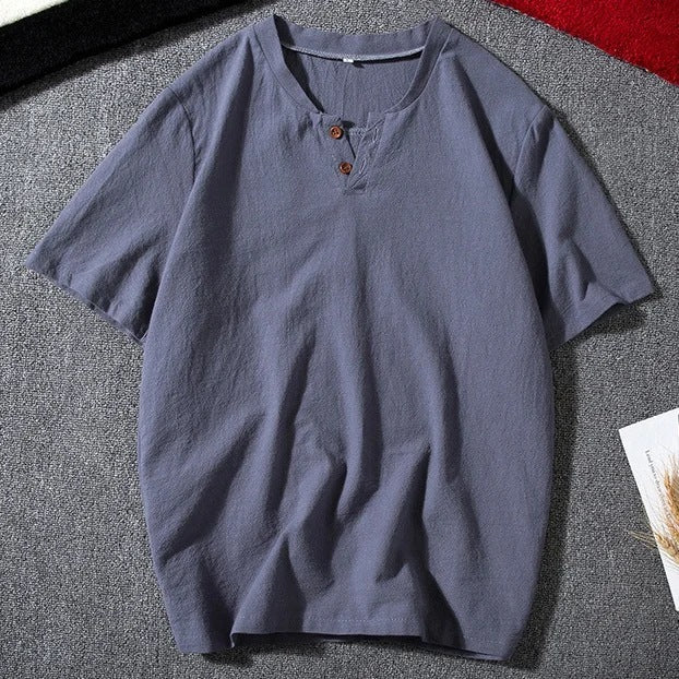 Men's Casual Solid Cotton And Linen Short Sleeves